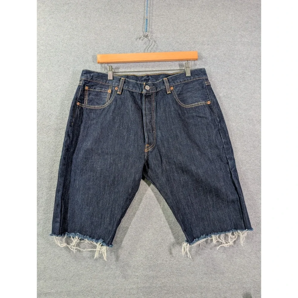 Levis 501 Cut Off Shorts Mens 36 Blue Button Fly Denim Jeans Dark Wash Frayed